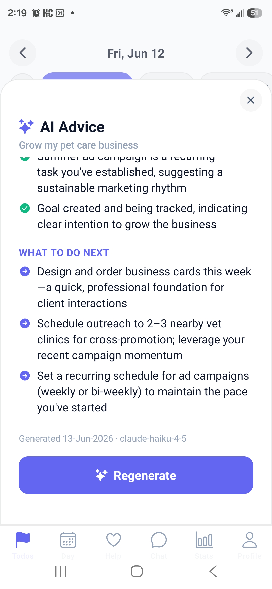 AI Advice modal showing what to do next