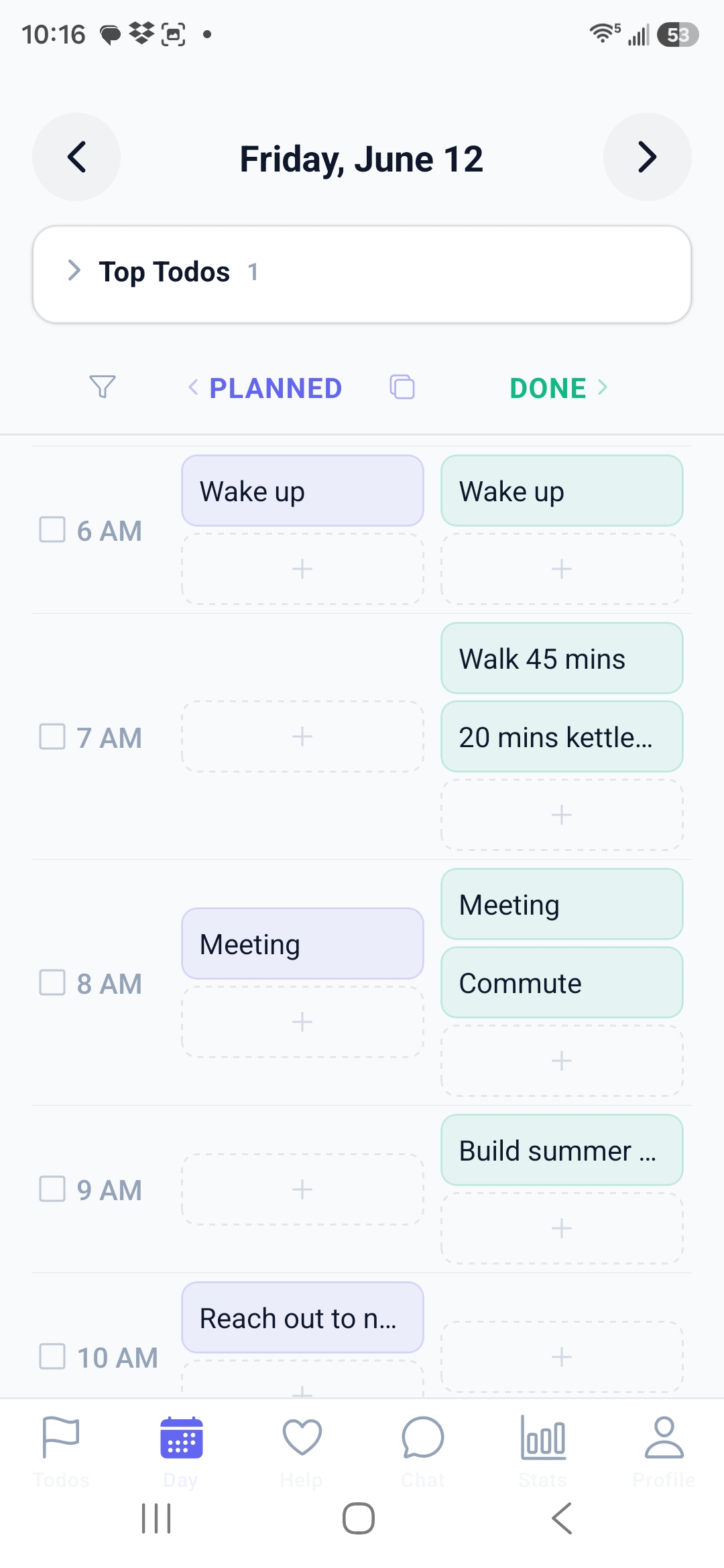 HelpDo 24-hour day planner showing planned versus done